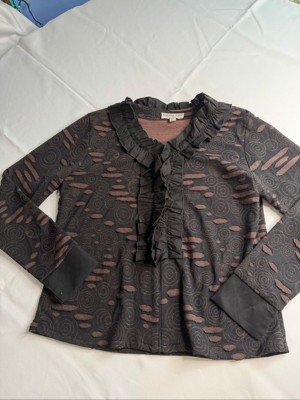 Andria Lieu Collection Women’s L Brown Black Ruffle Zip Jacket Cardigan Top